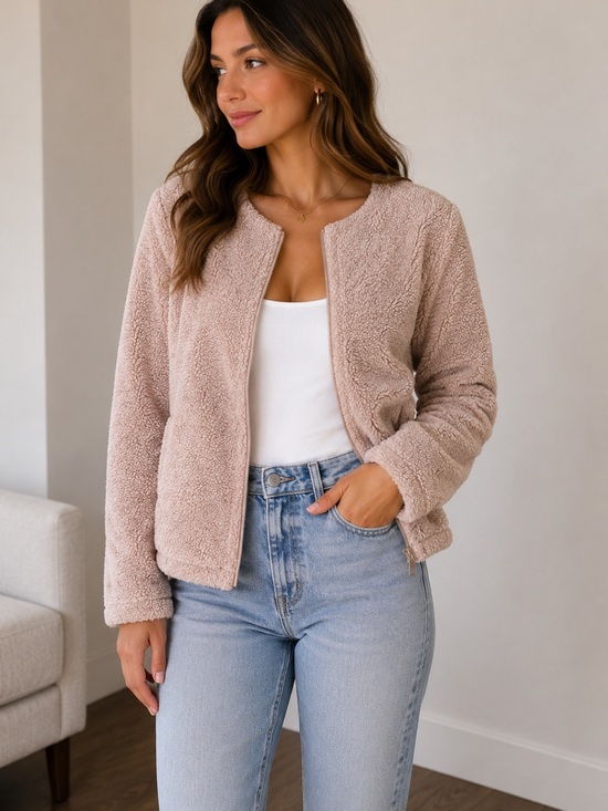 Forever 21 Jackets & Blazers - Blush Pink Teddy Sherpa Zip-Up Jacket